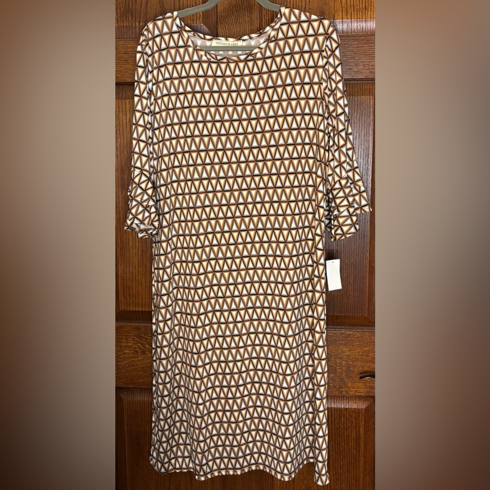 NWT Womens Plus Size 1X Tiffany and Grey Geometric Black, Brown, White Sheath